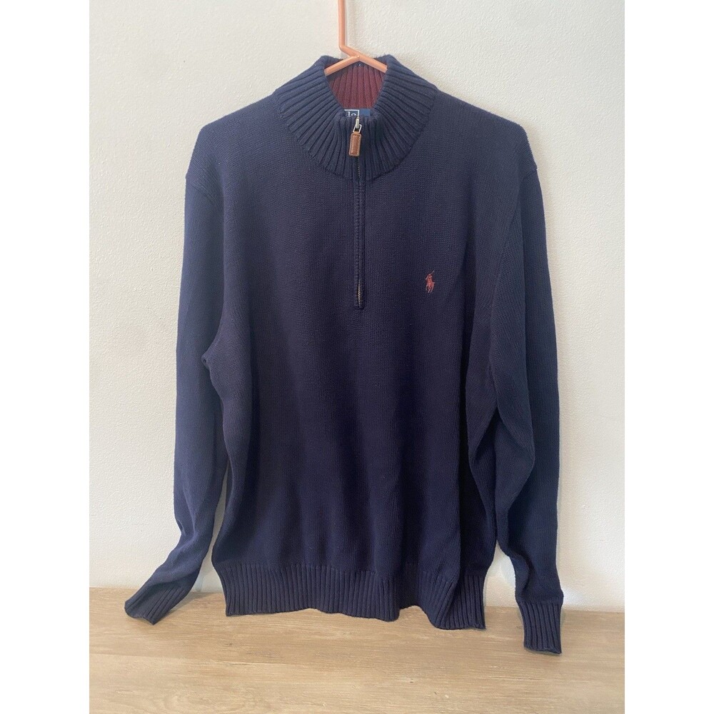 Polo Ralph Lauren 1/4 Zip Sweater Mens Sz L Navy Blue Cotton Tight Knit Sweater